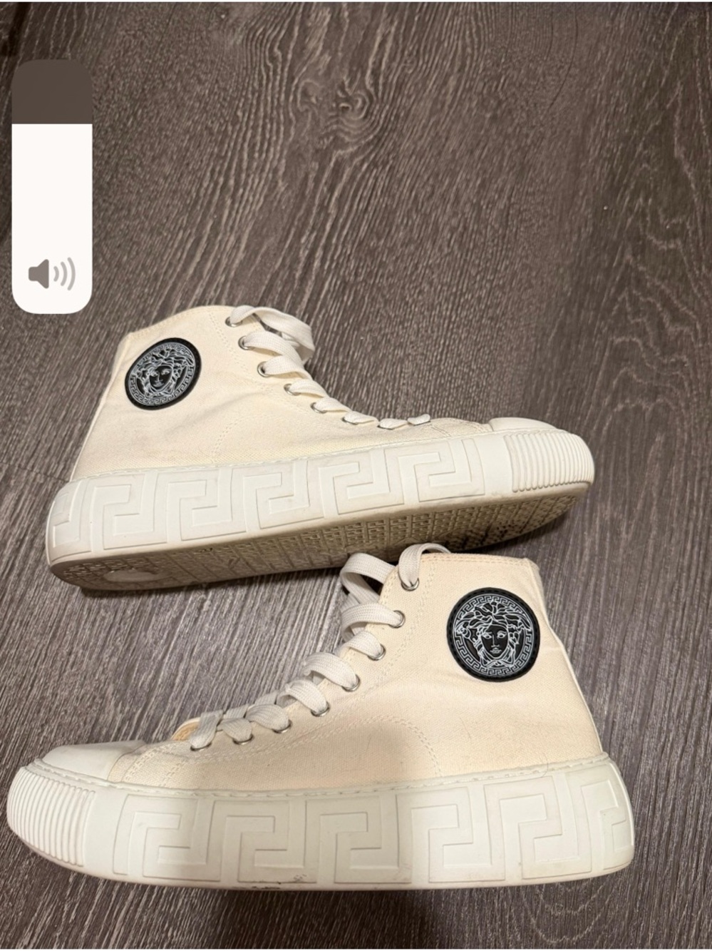 Versace Off-White Canvas High-Top Sneakers with Black Medusa Patch
